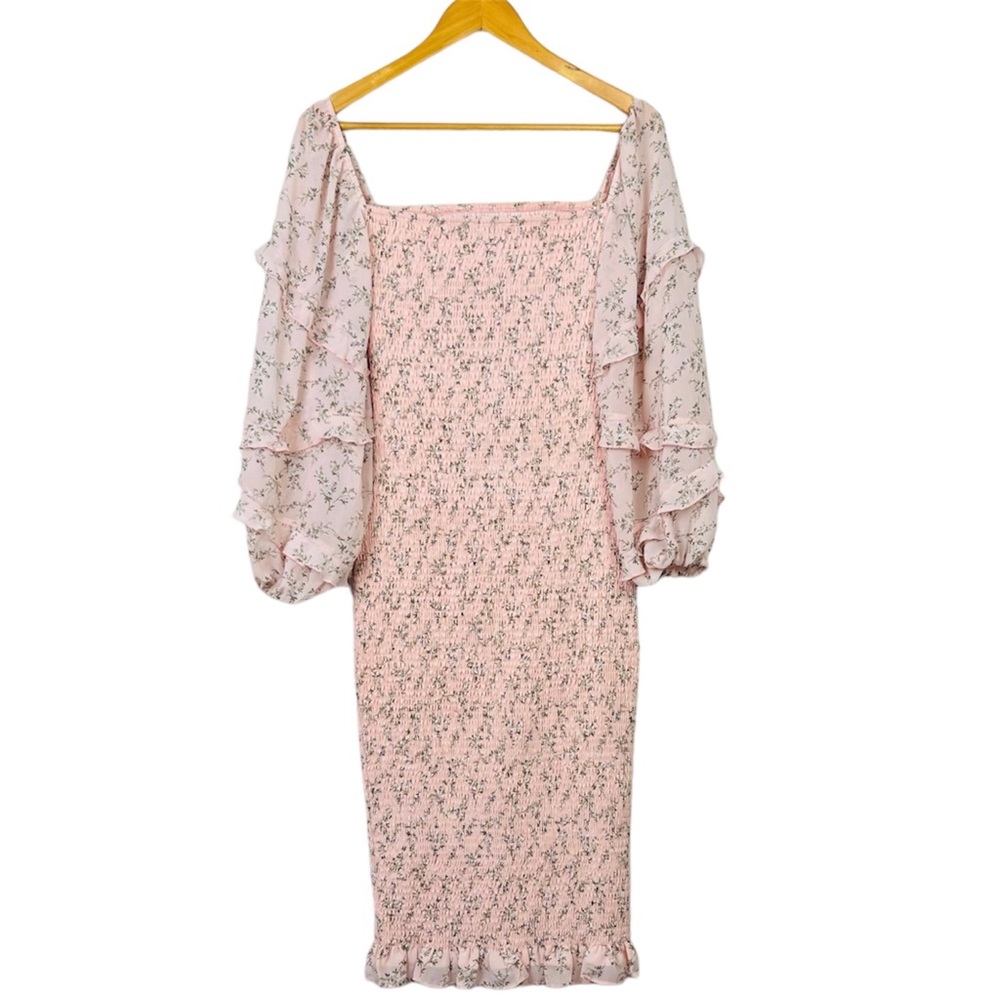 Two Sisters Label Midi Dress Shirred Stretch Bodycon Pink Floral Cocktail Size 8 - Picture 7 of 13